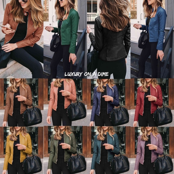 Chic Moto Vegan Leather Jacket Zip-up Sleek Snap Mock Neck Trendy Peacock Blue - Picture 10 of 11